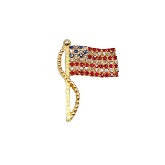 Red Blue White Rhinestone American Flag Patriotic Brooch Pin Gold Tone Vintage - Picture 1 of 4